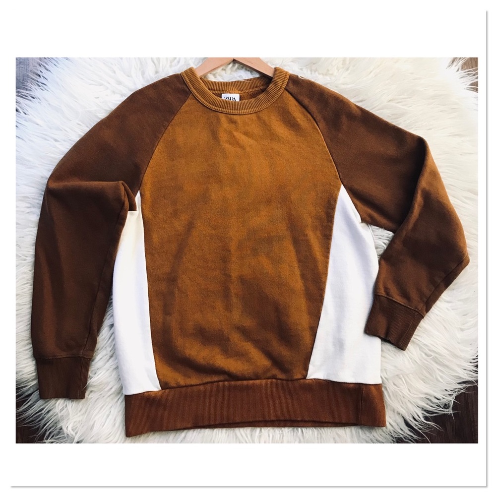 Zara Crewneck Sweatshirt Pull On Color Block Brown White Size Small